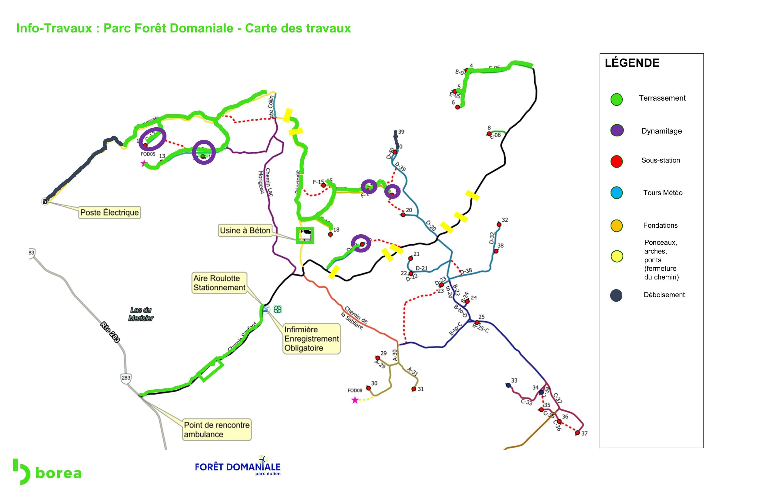 Carte des travaux du parc éolien de la Forêt dominale