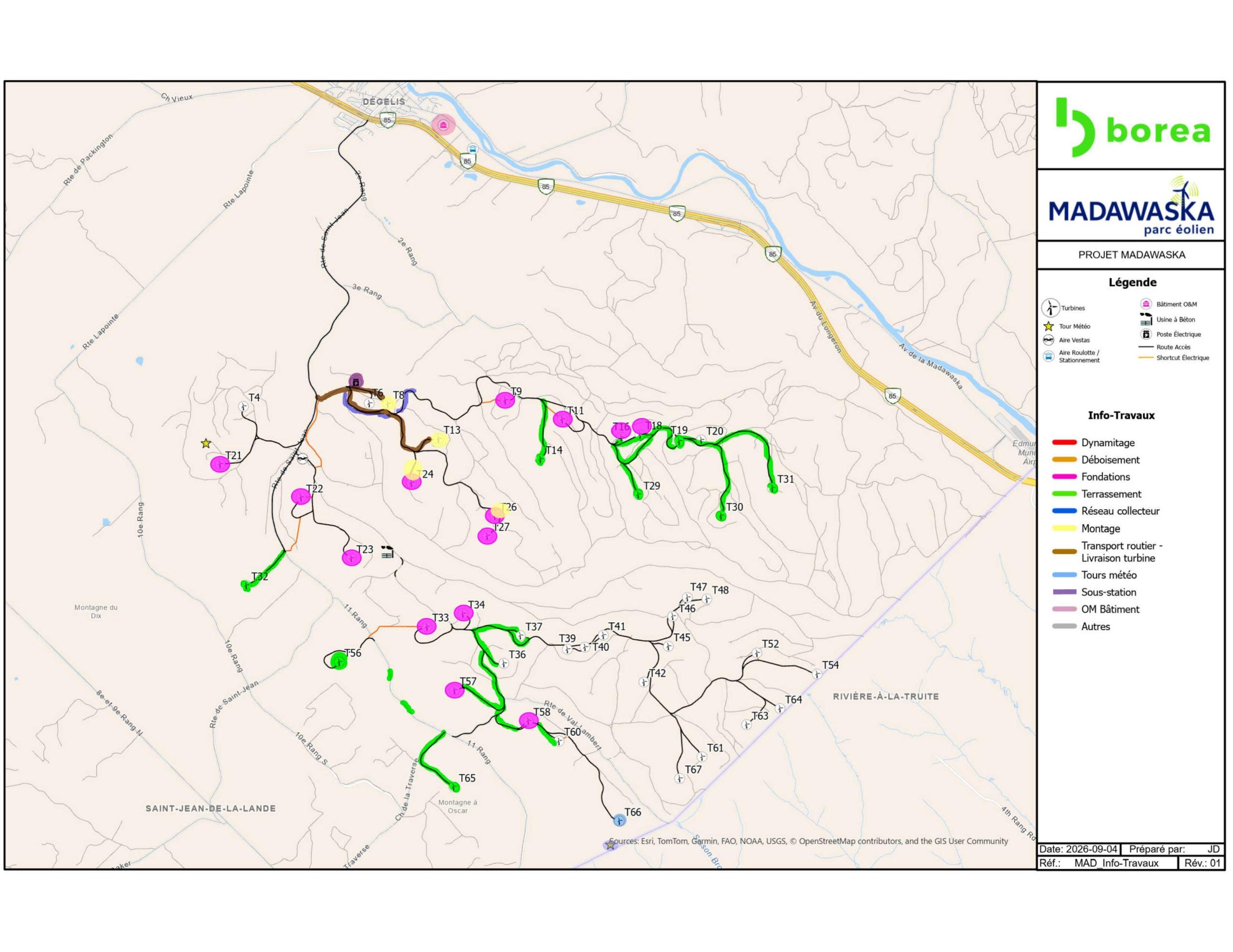 Carte des travaux du parc éolien Madawaska