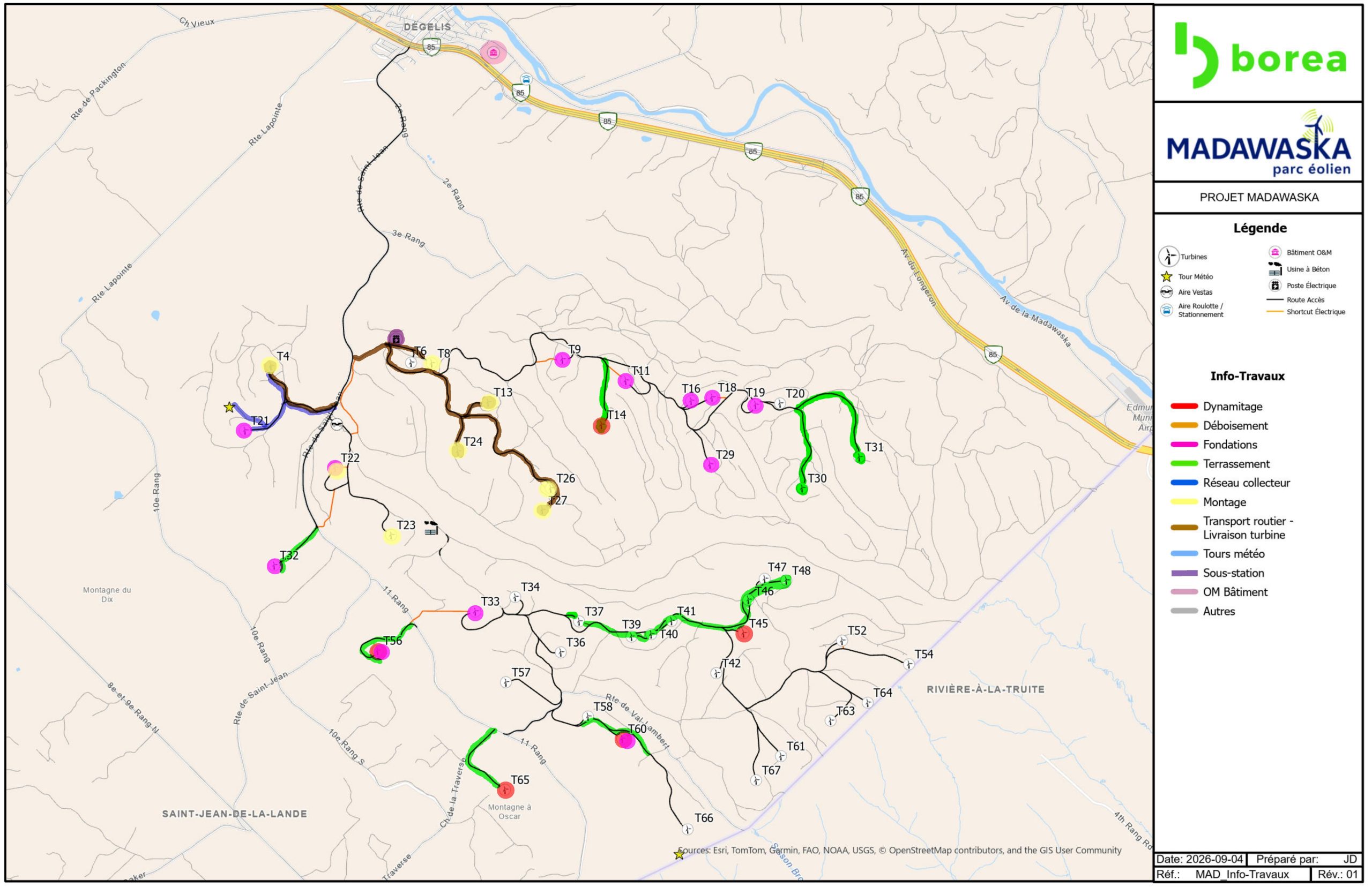 Carte des travaux du parc éolien Madawaska